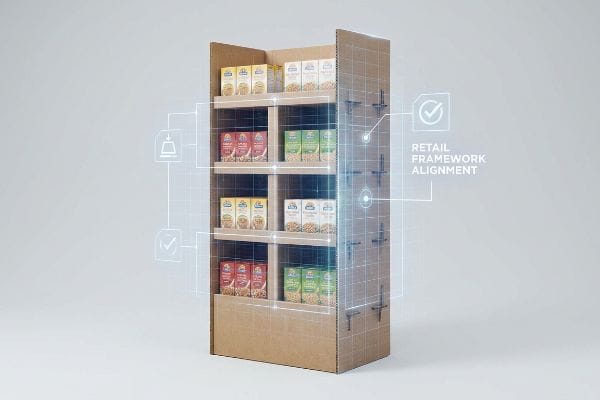 Corrugated cardboard retail display with packaged goods, featuring digital graphics for Retail Framework Alignment.
