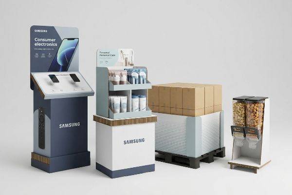 Various retail displays showcase a Samsung consumer electronics floor standee, a Personal Personal Care countertop unit, a pallet display, and a snack gravity feed.