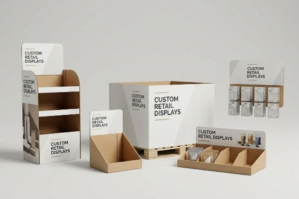 Natural kraft corrugated custom retail displays: floor-standing, countertop, pallet wrap, shelf tray, and hanging hook strip units, branded 'Custom Retail Displays'.