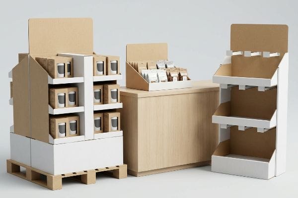 Kraft and white corrugated POP displays: a pallet floor unit with boxed cups, a counter display with pouches, and an empty merchandiser.