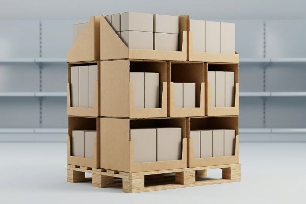 Corrugated cardboard retail floor display units on a wooden pallet, holding plain boxes in a store aisle.