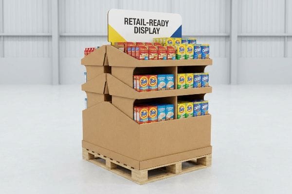 Présentoir sur palette prêt à la vente Présentoir sur palette en carton ondulé prêt à la vente, avec panneau « Présentoir prêt à la vente », contenant des produits Tide, Cheerios et Goldfish sur une palette en bois.
