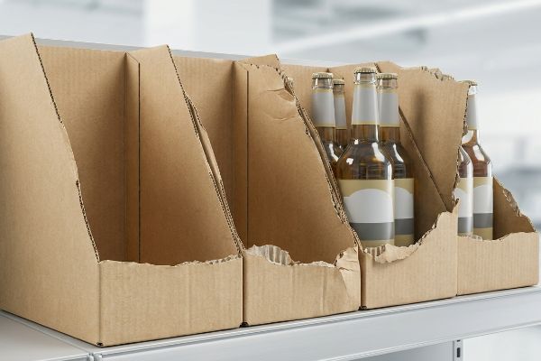 Brown corrugated cardboard POP display units on a white shelf, showing torn retaining lips and crushed walls from restocking friction, holding beverage bottles.