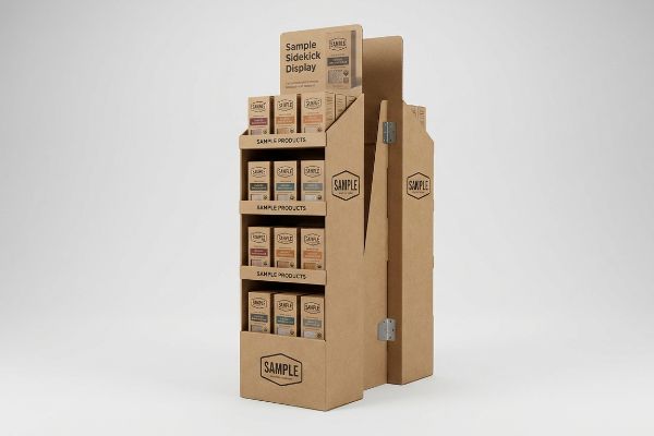 A brown corrugated cardboard Sample Sidekick Display showcases Sample Products on three tiers, optimized for retail visibility.