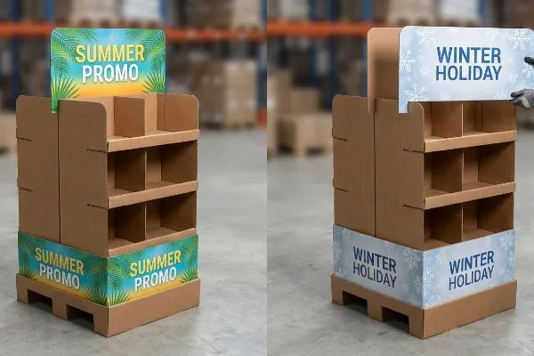Seasonal Pallet Display Graphics Two modular corrugated pallet displays showcase interchangeable seasonal graphics, one for Summer Promo with palm leaves and another for Winter Holiday with snowflakes.