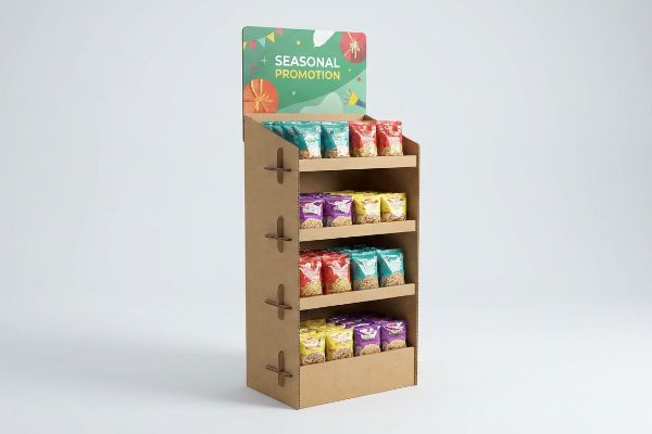 A brown corrugated merchandiser, designed for retail POP, features four shelves of colorful snack pouches and a 'Seasonal Promotion' header.