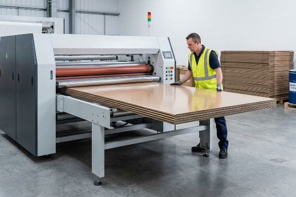A worker feeds brown corrugated substrates into industrial litho-lamination machinery, precisely mounting sheets for a durable cardboard showcase.
