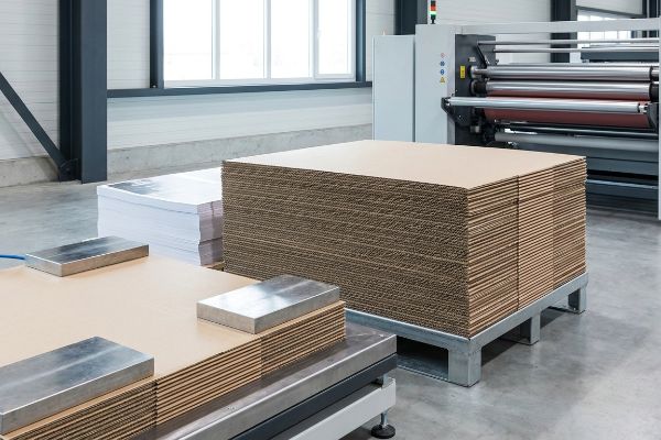 Stacks of raw corrugated cardboard sheets and white paper blanks, with metal weights, in a factory setting near lamination machinery.