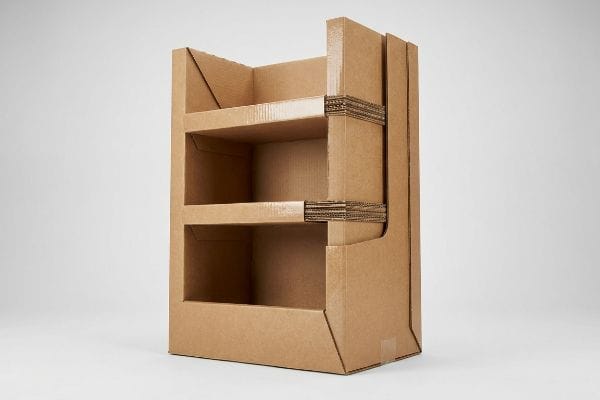 Brown corrugated cardboard display stand featuring three empty shelves, highlighting its heavy-duty structural design.
