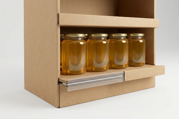 Brown corrugated shelf with glass jars of golden liquid, reinforced by a hidden metal support bar preventing bowing.