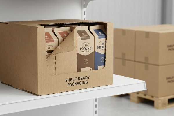 A brown corrugated shelf-ready packaging box displays Pround Products cartons on a white retail shelf, with more stacked boxes in the background.