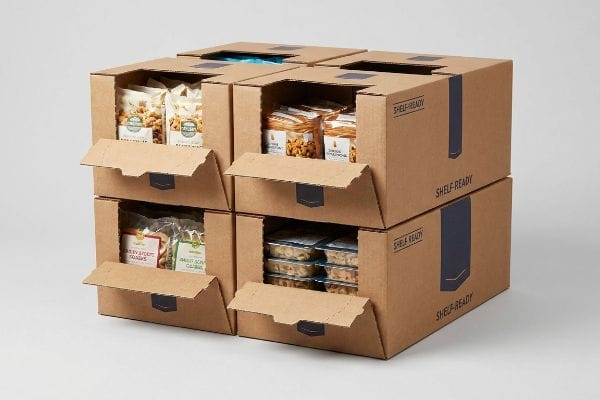 Four brown corrugated shelf-ready boxes, displaying various snacks through open tear-away fronts, labeled 'Shelf-Ready'.