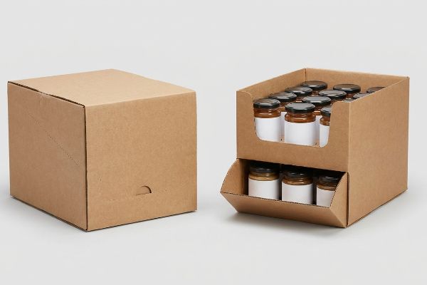 Brown corrugated cardboard PDQ box displaying jars, next to a closed master shipper box for transit.