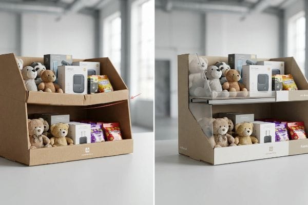 Corrugated cardboard display shelf sagging under plush toys and electronics, highlighted by a red arrow.