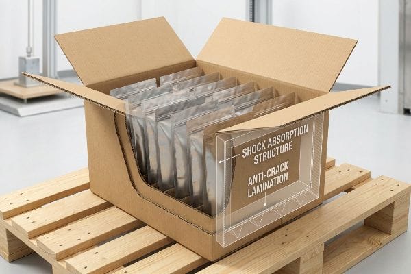 Corrugated box on pallet with flexible pouches, showing Shock Absorption Structure and Anti-Crack Lamination.