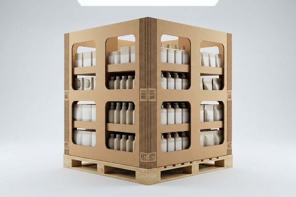 Corrugated cardboard shop-through display on a wooden pallet, featuring large windows revealing white bottles and pouches, with ECT markings.