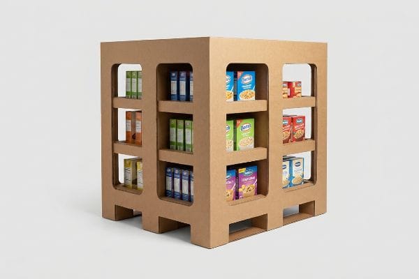 Shop-Through Pallet Display Brown corrugated cardboard shop-through pallet display featuring die-cut windowed supports, stocked with colorful Dada's, Dannie's, and Crunchy Grains cereal boxes, designed for multi-directional access.