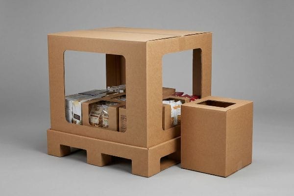 Brown corrugated cardboard club store display with large shop-through windows, a palletized base, and various retail products.
