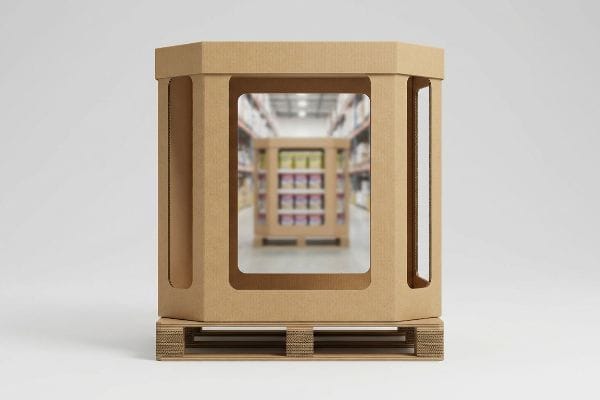 Hexagonal corrugated cardboard shop-through display with windowed columns on a pallet, enhancing visual permeability.