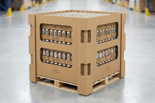 Corrugated cardboard shoppable pallet with Shop-Through architecture, displaying beverage cans on a wooden pallet in a warehouse.