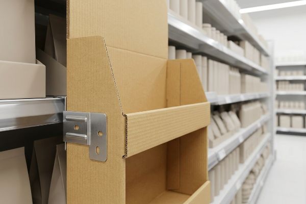 An empty corrugated sidekick display, mounted with a metal bracket to a retail shelf in a store aisle.