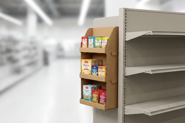 Corrugated cardboard sidekick display showcasing three tiers of impulse-purchase packaged food items on a retail shelf.