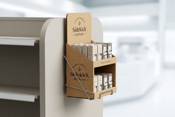 瓦楞纸板制成的 Sidekick 展示架,通过金属丝动力翼连接到零售货架上,用于放置样品产品盒。.