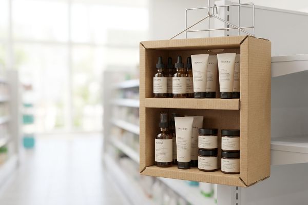 Hanging in a bright retail aisle, a corrugated cardboard sidekick display showcases Skinhq skincare products, including dropper bottles, tubes, and jars.