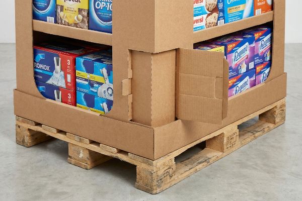 Corrugated cardboard base skirt with a visible 3.5 mm clearance gap sits snugly around the edge of a blue wooden CHEP pallet.