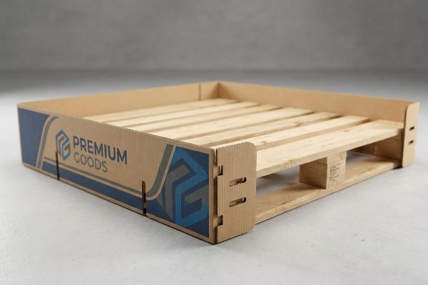 Brown corrugated pallet skirt with 'Premium Goods' branding and blue graphics, featuring interlocking tabs on a wooden pallet.