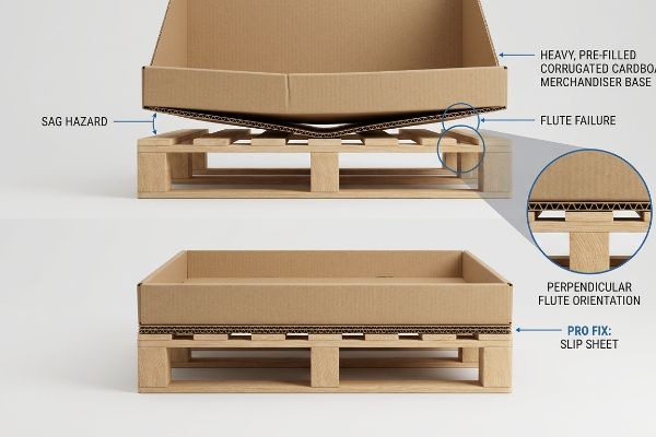 Corrugated merchandiser base demonstrating Sag Hazard and Flute Failure on a pallet, contrasted with a stable base using a Pro Fix Slip Sheet.