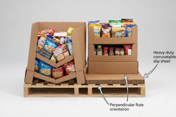 Feuille de glissement pour support de palette Feuille de glissement ondulée robuste avec orientation des cannelures perpendiculaires supportant deux présentoirs de vente au détail sur une palette en bois espacée.