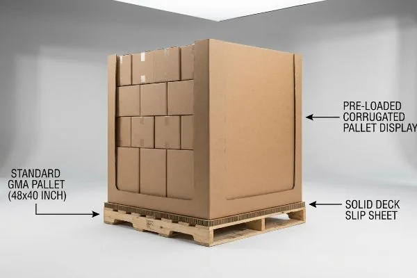 Pallet Display Slip Sheet Corrugated Pre-Loaded Pallet Display on a Standard GMA Pallet (48x40 Inch) with a Solid Deck Slip Sheet.