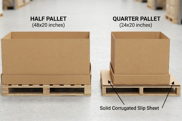 Two corrugated boxes on pallets: Half Pallet (48x20 inches) and Quarter Pallet (24x20 inches) with a Solid Corrugated Slip Sheet.
