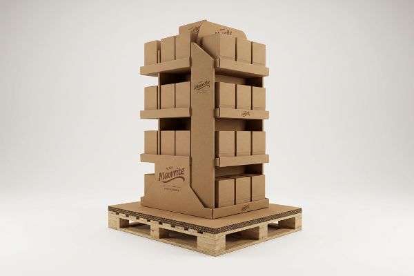 Kraft corrugated Klawrite retail display on a solid slip sheet and wooden pallet, preventing bottom-tier sag.