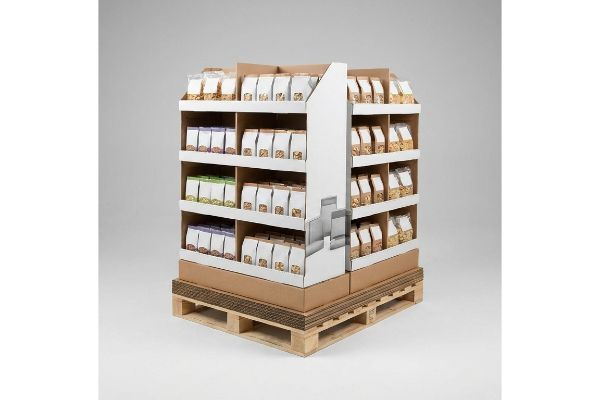 Heavy-duty corrugated pallet display, white and brown, filled with packaged goods, resting on a wooden pallet with a protective corrugated slip sheet.