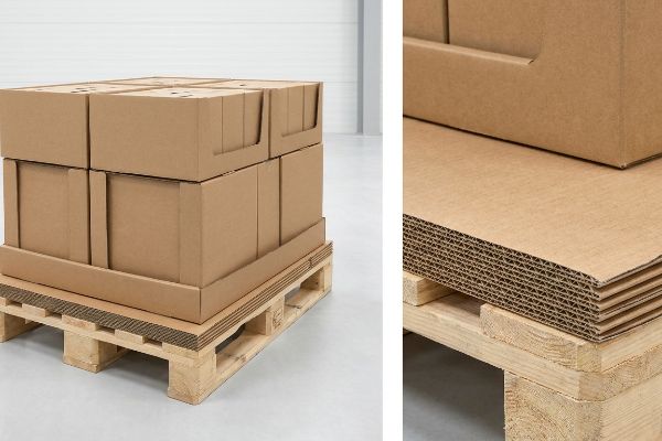 Brown corrugated boxes stacked on a wooden pallet with a visible corrugated slip sheet, highlighting the flute direction for stable pallet loading.