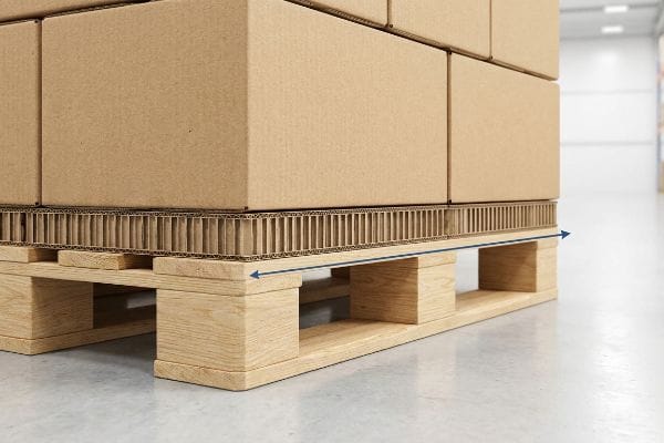 Les cannelures structurelles ondulées d'une feuille de carton intercalaire comblent les espaces sur une palette en bois sous des boîtes empilées, assurant une répartition stable du poids.