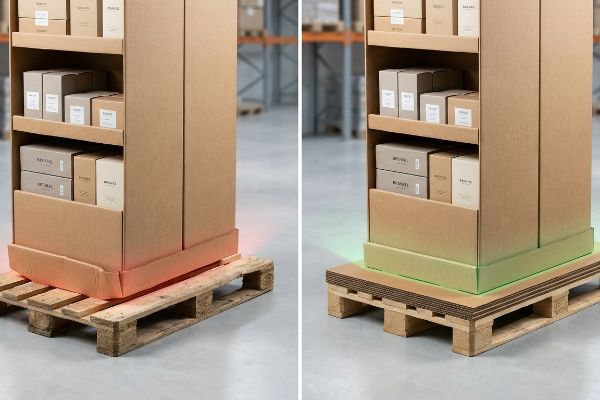 Corrugated display base sagging on a gapped wooden pallet (red glow) versus a stable base with a corrugated slip sheet (green glow), protecting products like Original and Essential.