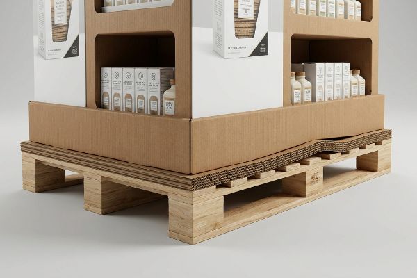 A corrugated slip sheet sits between a heavy-duty cardboard pallet display and a light wooden pallet, preventing bottom-tier sagging.