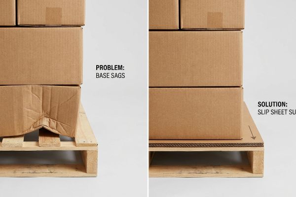 Corrugated box base sagging on pallet ('Problem: Base Sags') vs. stable with corrugated slip sheet.