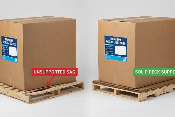 Premium Merchandiser boxes on pallets, showing Unsupported Sag into gaps versus Solid Deck Support with a corrugated slip sheet.