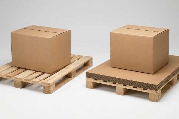 Brown cardboard boxes on wooden pallets, one featuring corrugated slip sheets for enhanced structural support.