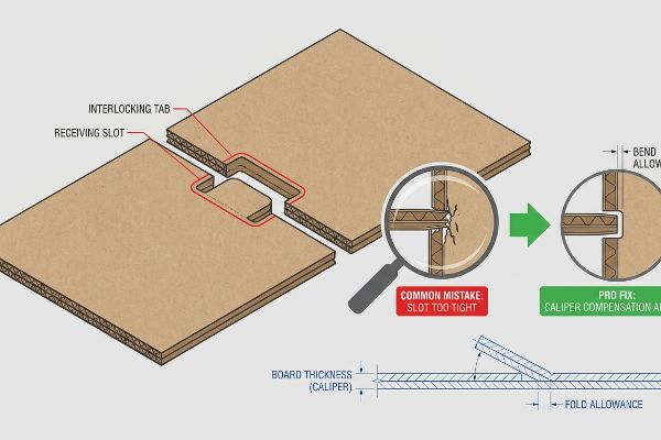 Corrugated cardboard interlocking tab and receiving slot diagram, showing a common tight slot mistake causing tearing versus the pro fix with caliper compensation and bend allowance.