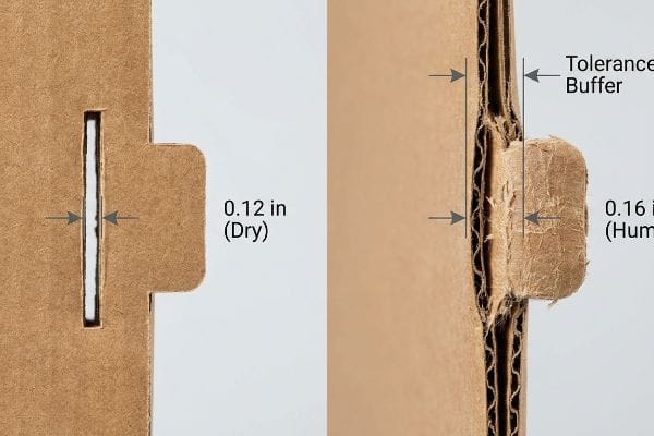 Corrugated cardboard slot showing 0.12 in dry caliper and 0.16 in humid swollen tab with tolerance buffer.