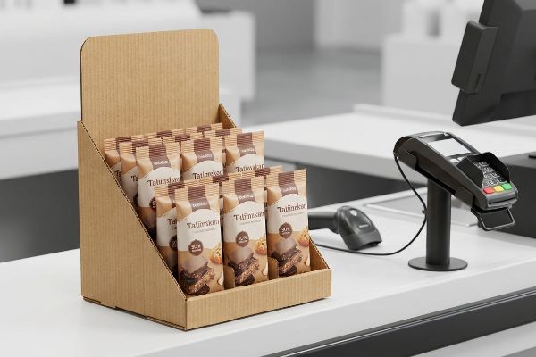 Corrugated countertop POS display holds Tatlımkan snack bars, 'Lezzetli' and '30%', on a retail checkout counter.