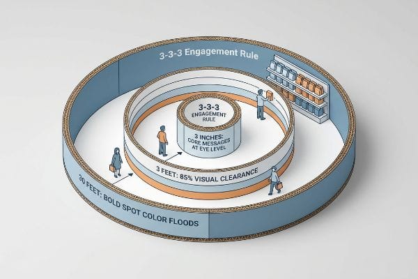 Corrugated spiral diagram of the 3-3-3 Engagement Rule: 30 feet Bold Spot Color Floods, 3 feet 85% Visual Clearance, 3 inches Core Messages At Eye Level.