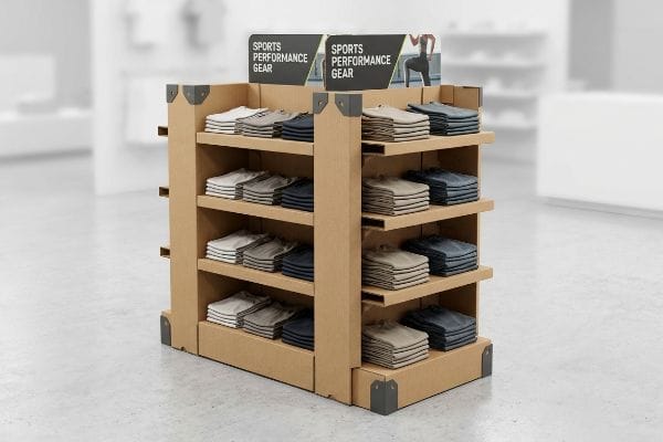 A retail store setting features a multi-shelf corrugated cardboard display stand filled with folded Sports Performance Gear apparel.