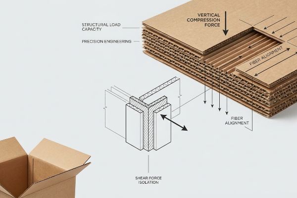 Um diagrama detalhado ilustra a capacidade de carga estrutural do papelão ondulado, mostrando a força de compressão vertical, o alinhamento das fibras e o isolamento da força de cisalhamento.