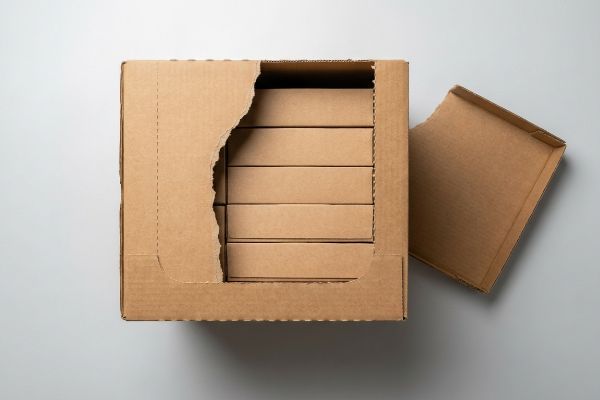 A large corrugated box with a torn perforated tear-away section reveals smaller stacked brown cardboard boxes, showcasing shelf-ready packaging.